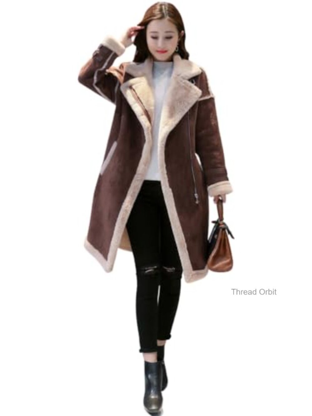 Genuine Suede Shearling Faux Fur Lined Double Breasted Winter Trench Coat